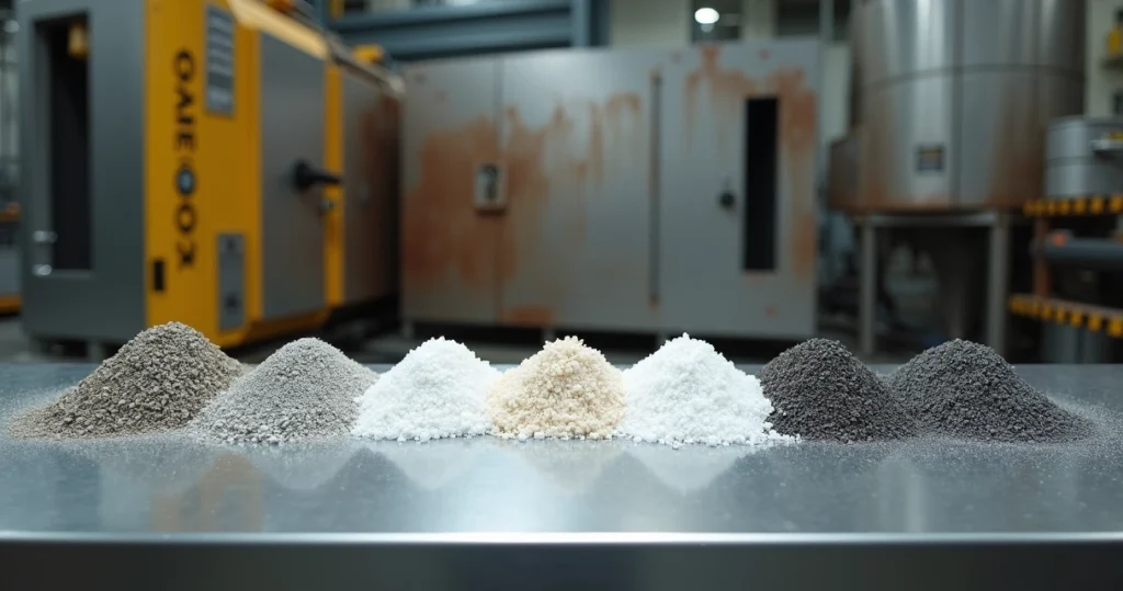 Mesa metálica com diferentes mídias abrasivas industriais organizadas lado a lado.