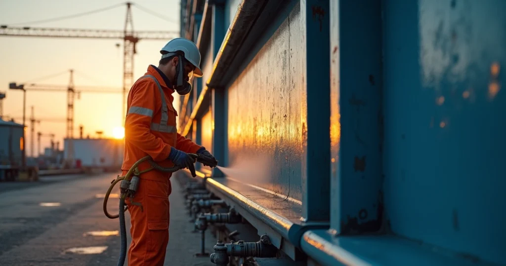 Técnico aplicando pintura industrial em grande estrutura metálica