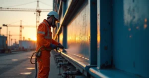 Técnico aplicando pintura industrial em grande estrutura metálica