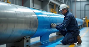 Técnico aplicando fita de polietileno azul em tubulação metálica preparrada