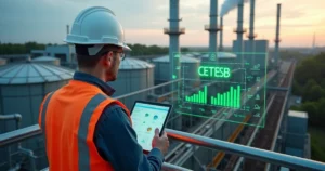 Engenheiro analisando indústria com destaque para certificação ambiental