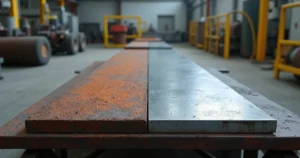 Placa metálica industrial meio enferrujada e meio preparada na bancada de oficina