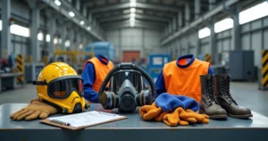 Conjunto de EPIs organizados em bancada de metal para jateamento e pintura industrial