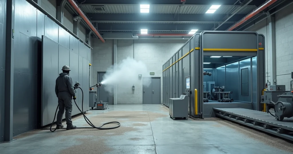 Ambiente industrial comparando cabine de jateamento manual e sistema automático lado a lado
