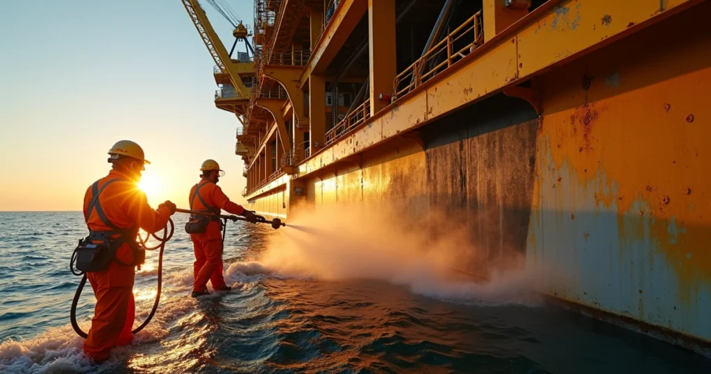 Plataforma offshore com estrutura metálica sendo jateada ao pôr do sol