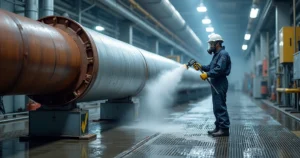 Operador aplicando jateamento úmido em grande tubulação industrial metálica