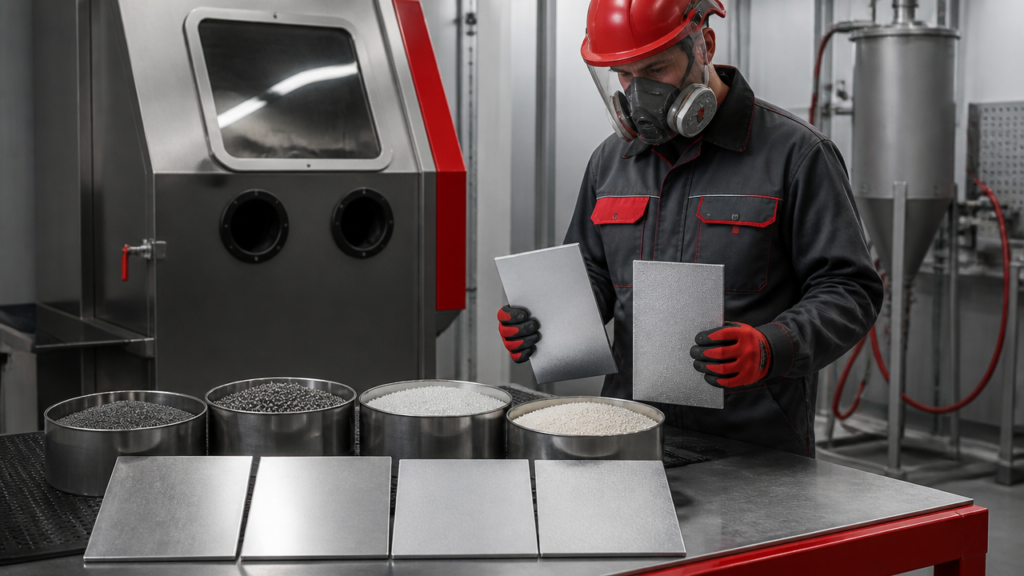 Técnico avaliando diferentes abrasivos para jateamento ao lado de chapas metálicas em ambiente industrial.