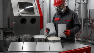 Técnico avaliando diferentes abrasivos para jateamento ao lado de chapas metálicas em ambiente industrial.
