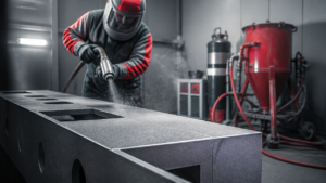 Técnico preparando superfície metálica para melhorar a fixação da pintura industrial em ambiente fabril