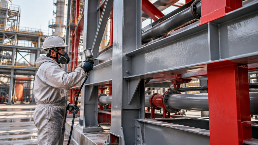 Aplicação profissional de revestimento anticorrosivo em estrutura metálica industrial