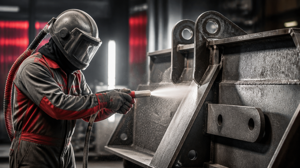 Operador realizando jateamento abrasivo em superfície metálica industrial com EPI completo.