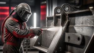 Operador realizando jateamento abrasivo em superfície metálica industrial com EPI completo.