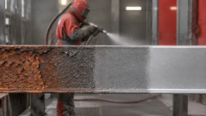 Superfície de aço mostrando diferentes níveis de limpeza após jateamento abrasivo em ambiente industrial